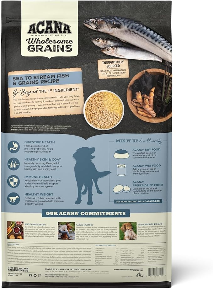 ACANA Wholesome Grains Dry Dog Food Sea to Stream Saltwater Fish Recipe 22.5lb Bag