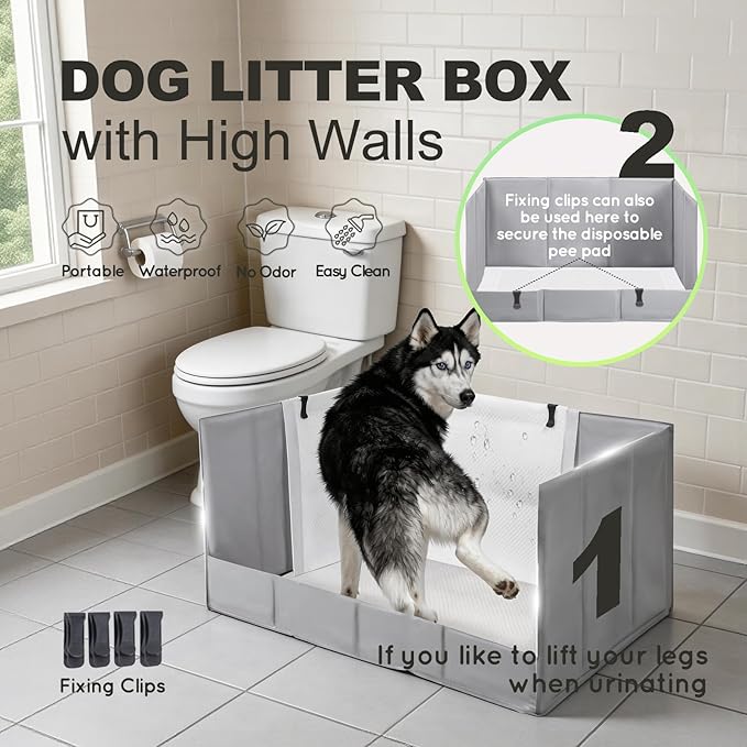 Dog Litter Box, Pee Pad Holder Foldable, Indoor Dog Potty Tray for Puppy & Large Dogs, High Walls, Seamless, No Assembly, Waterproof, Easy to Clean, No Spill,Portable for Travel