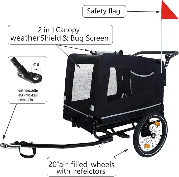 Extra Large 2-in-1 Bike Trailer & Push Cart for Pets - Detachable Bike Hitch & Push Handle Included - All-Terrain Wheels, Quick Release Wheel, Non-Slip Floor, Internal Leash, Holds Up to 88 lbs