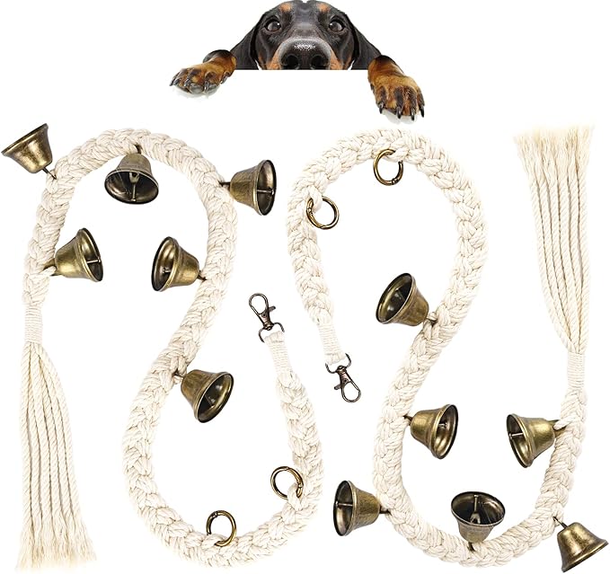 KLOGTSIND 2 Pack Dog Bells for Door Potty Training, Handwoven Cotton Rope Dog Doorbell with 6 Extra Loud Bells, Adjustable Dog Door Bells for Small Medium Large Dogs to Ring to Go Outside, Beige
