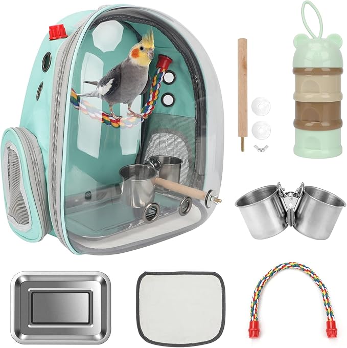 Rypet Bird Carrier Backpack Parrot Portable Breathable Bag Pet Bird Lightweight Travel Cage with Standing Perch and Stainless Steel Tray（Mint Green）