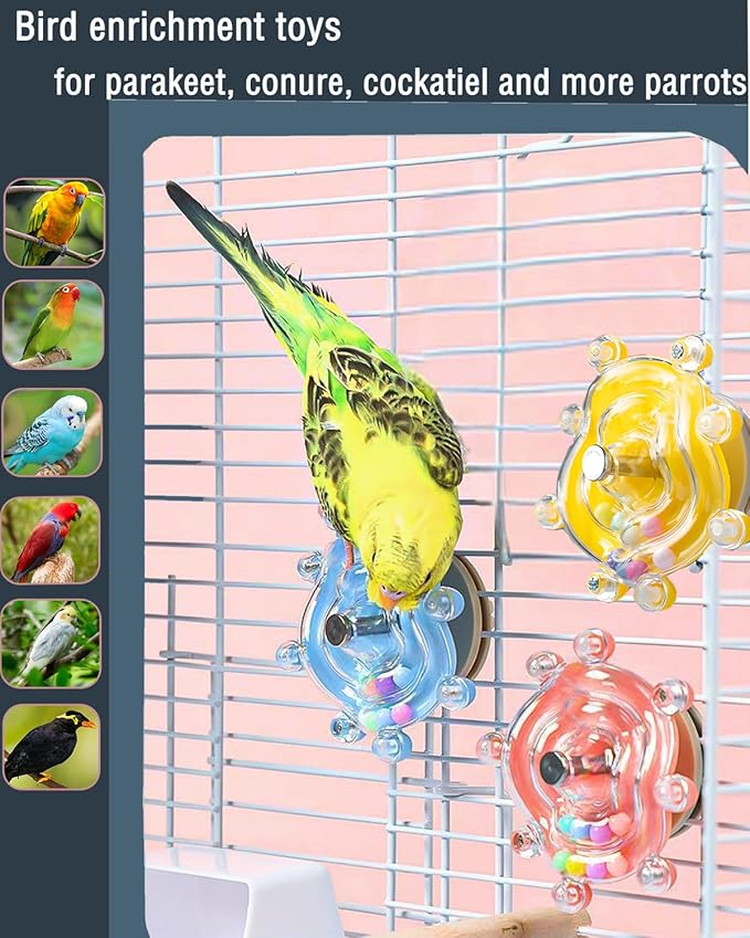 Bird Toys, 2PCS Conure Spinning Rotating Toy Parrot Rattle Toys Cute Bird Cage Accessories for Small to Medium Birds, Blue/Yellow