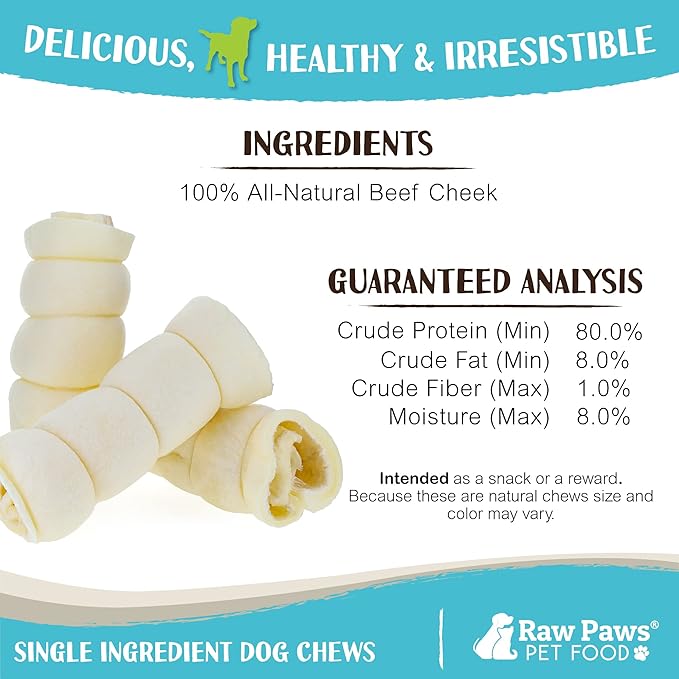 Raw Paws Rolled Beef Cheek Rolls for Dogs - 6 inch (25 Pack) - Packed in USA - Rawhide Alternative Dog Chews - Free-Range Retriever Treat - Water Buffalo Cow Cheek Rolls for Small Dogs to Large Breeds