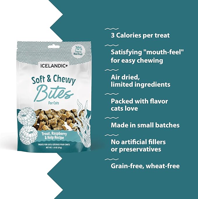 Icelandic+ Soft & Chewy Bites - Trout, Raspberry & Kelp - 1.8oz Cat Treats, 70% Meat & Fruit, Air-Dried, Limited Ingredients, Pet Snack, Grain Free