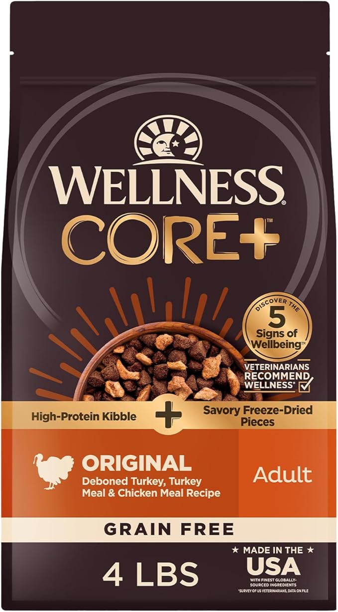 Wellness CORE+ Adult Dry Dog Food with Freeze Dried Pieces, Grain Free Kibble+, Natural, High Protein, Turkey and Chicken Recipe, 4 lb Bag