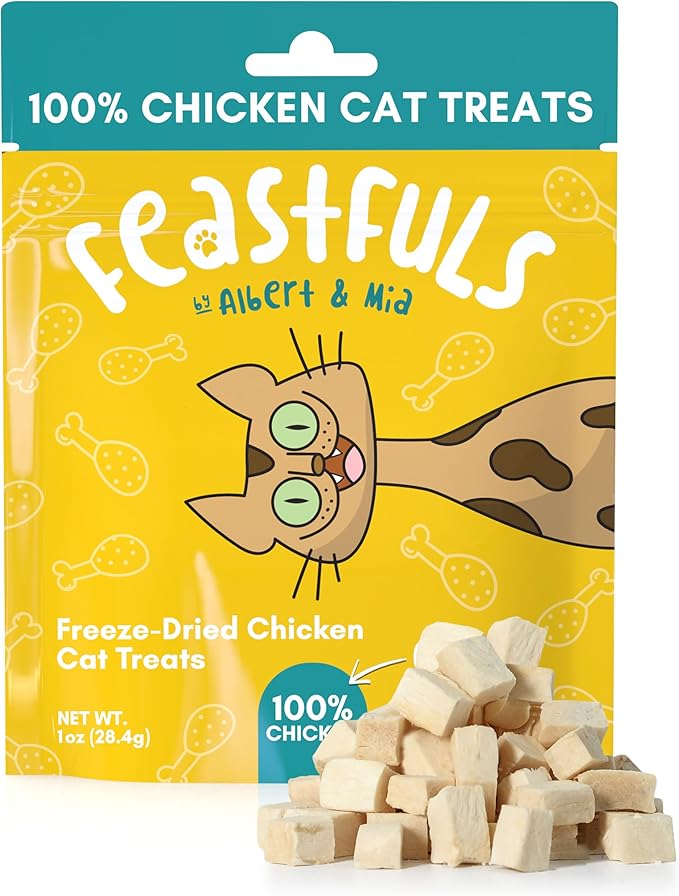 ALBERT & MIA Feastfuls Freeze Dried Cat Treats - 100% Freeze Dried Chicken Breast, Soft, Healthy Cat Treats, High in Protein, Extra Tasty, Great for Training Cats, as Snack and Kitty Food Topper (1oz)