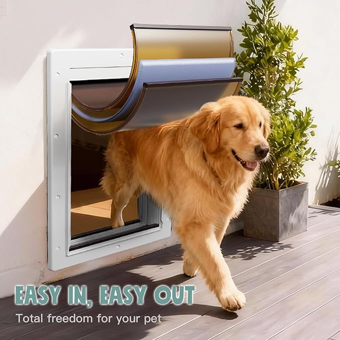 Dog Door 3 Flap, Plastic Dog Door for Wall, Large Doggy Door, Dogie Door for Interior & Exterior Walls, Magnetic Flaps, Insulation Flap, Closing Panel, Pet Door for Pets Up to 110lbs(Large)