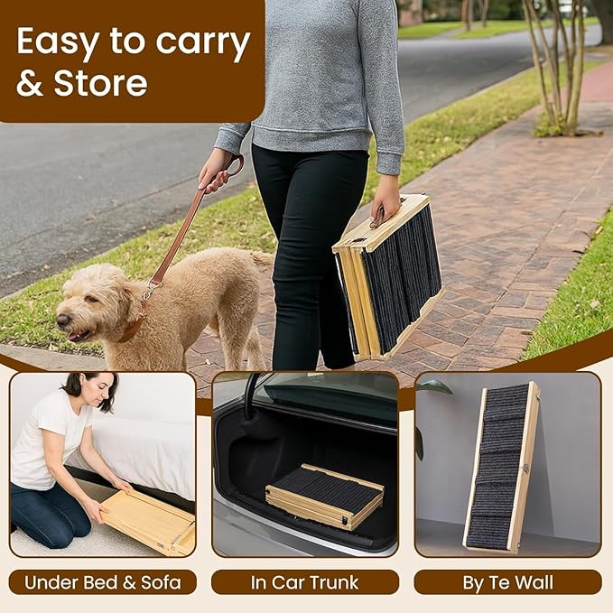 Adjustable Dog Ramp for Bed & Couch, 40.5 Inches Solid Wood Foldable Pet Ramp for All Dogs, Dog Bed Ramp with 5 Heights 10–24 Inches