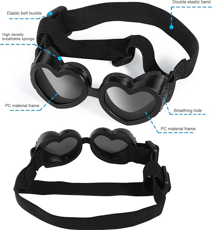 Small Breed Dog Sunglasses, UV Protection with Adjustable Strap, Heart-Shaped Goggles for Waterproof, Windproof, Anti-Fog Eye Protection, Beach Accessories (Black)