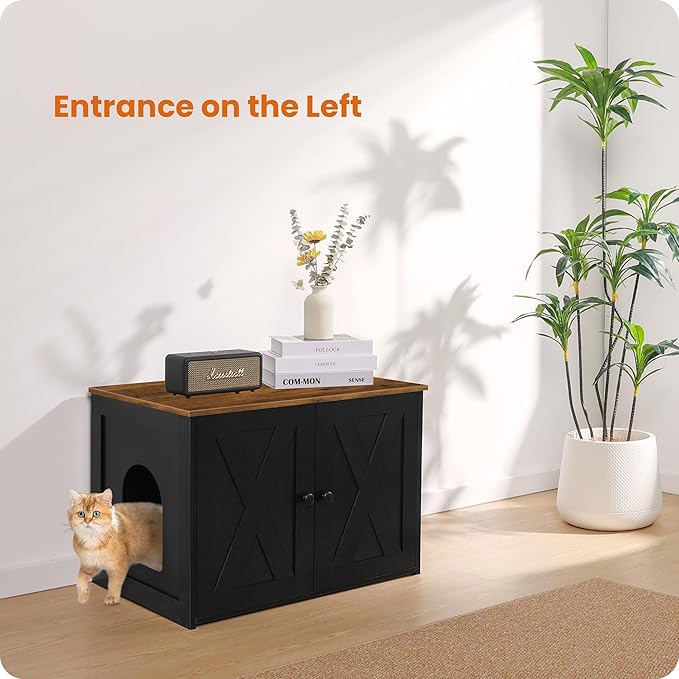 Dwanton Litter Box Enclosure, Cat Litter Box Furniture Hidden, Reversible Entrance Can Be on Left or Right Side, Wooden Cat Washroom Indoor, Black and Warm Brown, 27.6 Inches