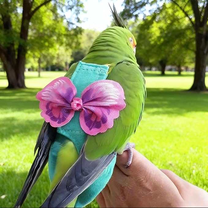 Escape-Proof Parrot Harness & Leash Set with Diaper - Adjustable Flight Suit with Bow & Safety Cord for Conures, African Grey, Parakeets, Doves (Pink-S)