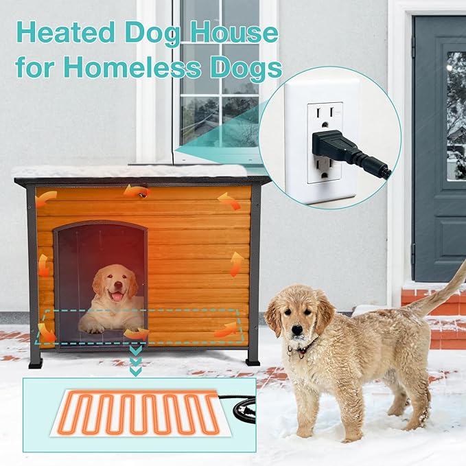 Feral Dog Heated House Outdoor,Anti Bite Iron Frame Dog Kennel,Wood Warm Pets Home,Insulated Weatherproof Outside Shelter for Feral Animal (43.3" (L) x 29.4" (W) x 33.4" (H)-Brown-in)