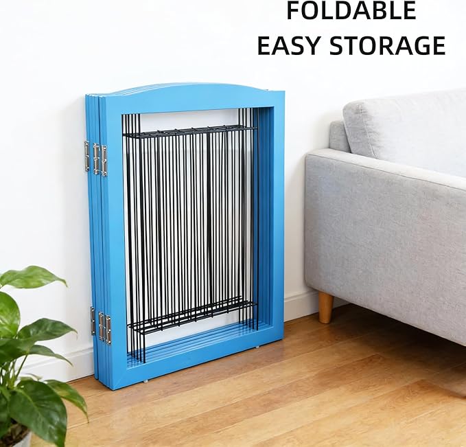 ZJSF Freestanding Dog Fence Indoor, Foldable Dog Gate for Doorways, Stairs or Hallways, Sturdy Wood Extra Wide Pet Gate with Support Feet for The House, Blue, 32 "Height-6 Panels