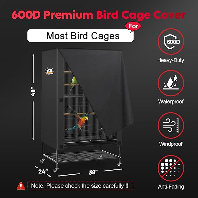 Zettum Bird Cage Cover - 600D Bird Cage Covers for Night Heavy Duty & Waterproof, Fade-Resistant Pet Bird Cage Cover Accessory for Parakeet, Parrot, Cockatiel and More Finches - 38 x 24 x 48 Inch