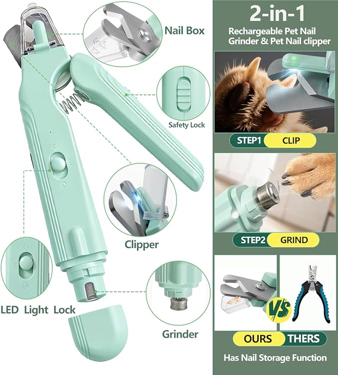 2-in-1 Dog Nail Clipper & Nail Grinder with 2 LED Lights Splash Guard for Large Medium Small Cats Dogs Pets Paw Trimmer Claw Grinders USB Rechargeable (Green)