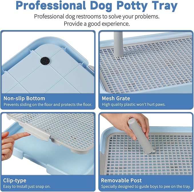 CUHIOY Dog Potty Tray Toilet 20"x14" - Indoor Pee Pad Holder with 8pcs Training Pads, Puppy Mesh Potty with Secure Latch for Small Medium Puppies - Blue