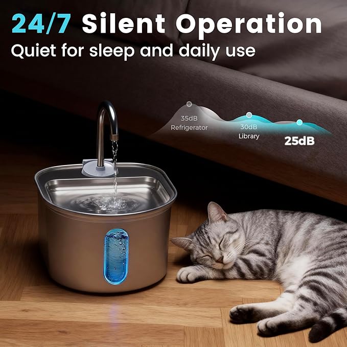 Stainless Steel Cat Water Fountain, 108oz/3.2L Automatic Pet Water Dispenser with Ultra-Quiet Pump, Safe Auto Shut-Off & Water Level Window for Cats and Dogs Indoors - Includes 1 Filter