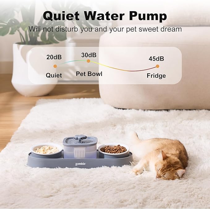 Cat Water Fountain and 2 Ceramic Food Bowls - 2 in 1 Ultra Quiet Automatic Pet Food and Water Bowl Set for Two Cats, Small Dogs, Gray (No Adapter)