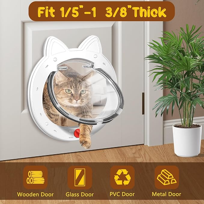 Cat Door with 4 Way Lock, Cats Doors for Interior Exterior Gate, Weatherproof Magnetic Pet Door for Cats and Small Dogs, Cat Flap Doors, Easy to Install, 7.5" x 7.5" Inner Frame (White)