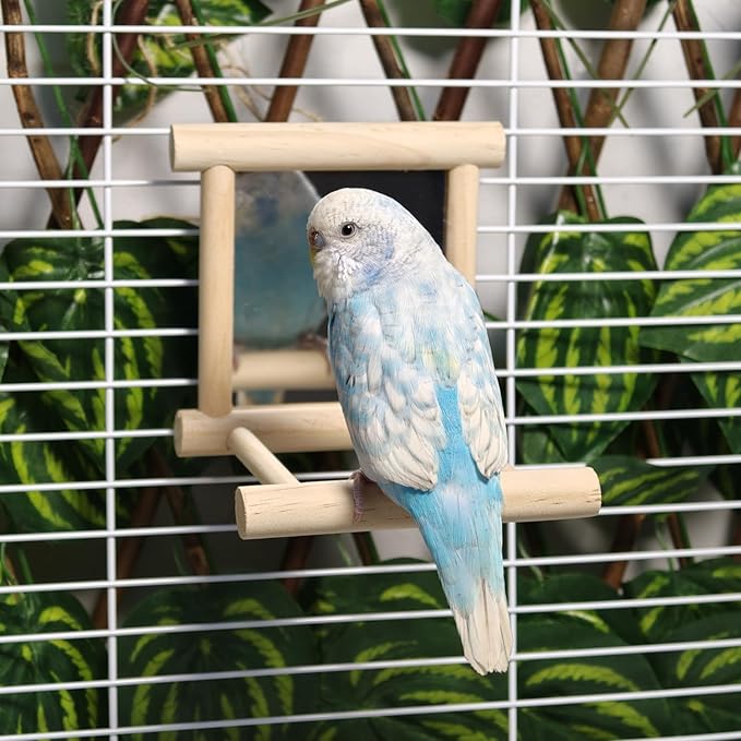 2Pcs Bird Mirror Parakeet Mirror Perch Stand Wooden Swing Mirror Toy Cage Accessories for Parrots Budgies Parakeets Cockatiels Lovebirds Finches