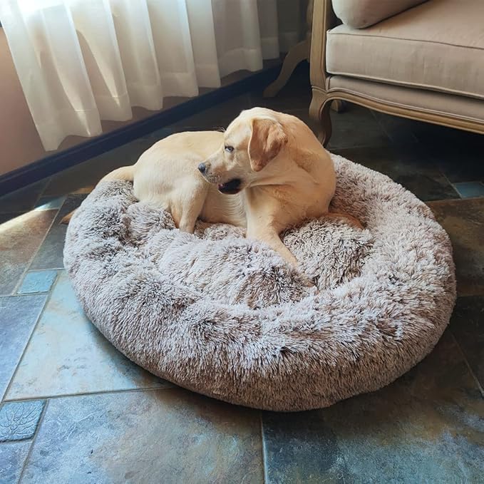 Coohom Oval Calming Donut Cuddler Dog Bed,Shag Faux Fur Cat Bed Washable Round Pillow Pet Bed(30"/36"/43") for Small Medium Dogs (XXL(43"x34"x8"), Light Brown)