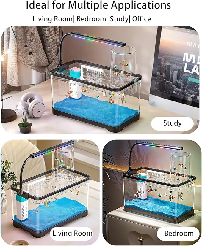 Negative Pressure Aquarium Fish Tank Kit, 3 Gallon Betta Fish Tank Starter Kit with Light and Filter, Blue Sand, Perfect for Small Fish, Shrimp, or Beta