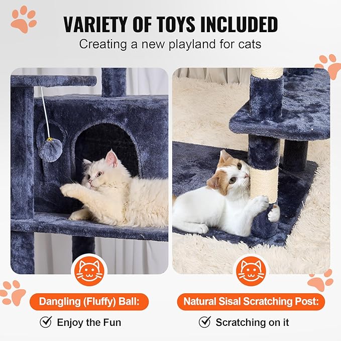 VEVOR Cat Tree for Indoor Cats, 68.5" Cat Tower with 2 Cat Condos, Sisal Scratching Post, Hammock, Top Perch, Jumping Platforms, Large Cat Furniture Activity Center with Hang Ball, Dark Grey