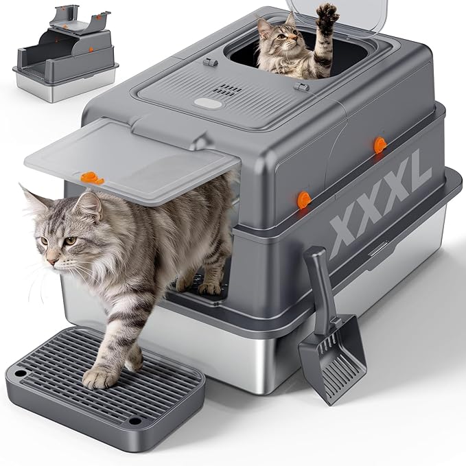 FURTIME XXXL Extra Large Stainless Steel Litter Box with Lid, Large Enclosed Cat Litter Box for Big Cats, Metal Cat Box with High Sided Enclosure & Scoop, Grey