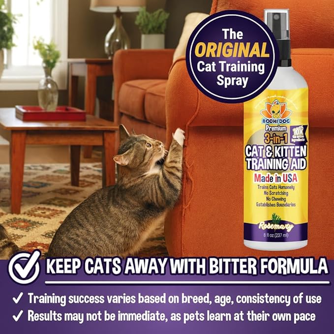 Bodhi Dog 3-in-1 Cat & Kitten Training Aid - Cat Deterrent Spray for Indoor and Outdoor Use - Repellent to Establish Boundaries, Keep Cats Off Furniture, Protect Rugs & Plants - Made in USA (8 Fl Oz)