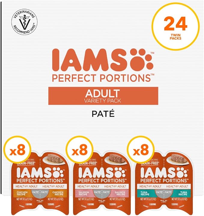 IAMS Perfect Portions Sensitive Digestion & Skin Wet Cat Food Pate, Healthy Adult Grain Free Pate, Chicken and Salmon Recipes, (24) 2.6 oz. Variety Twin-Pack Trays
