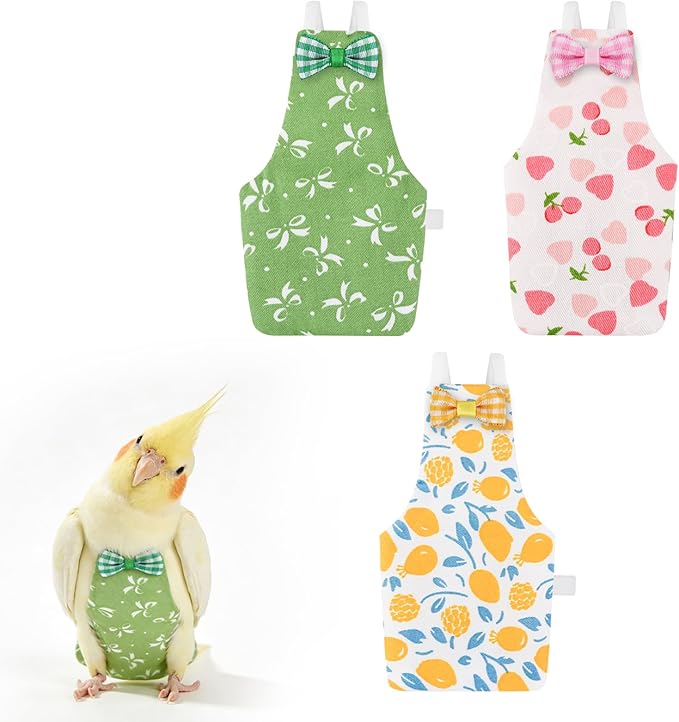 Bird Diaper Flight Suit, 3-Packs Lightweight Reusable Washable Elastic-Straps Parrot Clothes for Peony/Monk Parakeet, Prevents Poop Leaks & Feather Pecking (Bow+Lemon+Cherry, L)