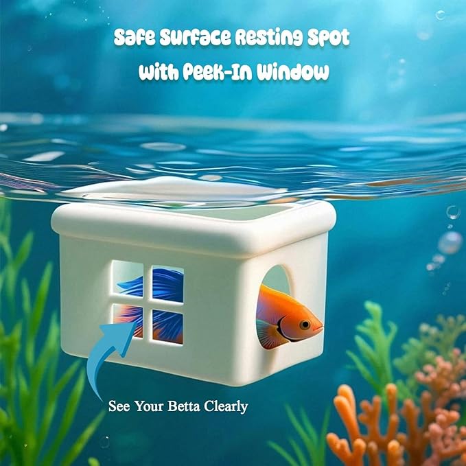 White Floating Betta Fish Hideout with Window – 3D Aquarium Shelter & Breeding Box – Surface Feeding Platform & Cave Rest Spot – Compact Fish Tank Decor (3.67"x2.87"x2.16")