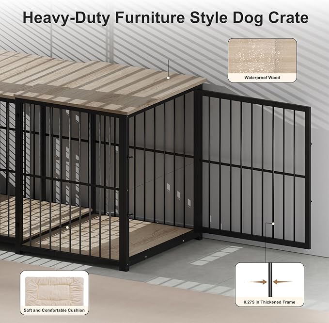 Erinnyees 45.6" Dog Crate Furniture, Wooden Dog Kennel with Retractable Design for Small Medium Large Dogs, Heavy-Duty Side Table Style Indoor Dog Cage with Cushion, 24–45.6 Inch