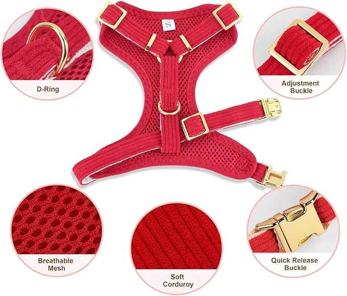 Didog Cute Small Dog Harness Collar and Leash Set with Bowtie, Breathable Soft Mesh Padded Puppy Harness, Christmas Dog Harness for for Parties, Holiday Gatherings & Gifts, Red, M