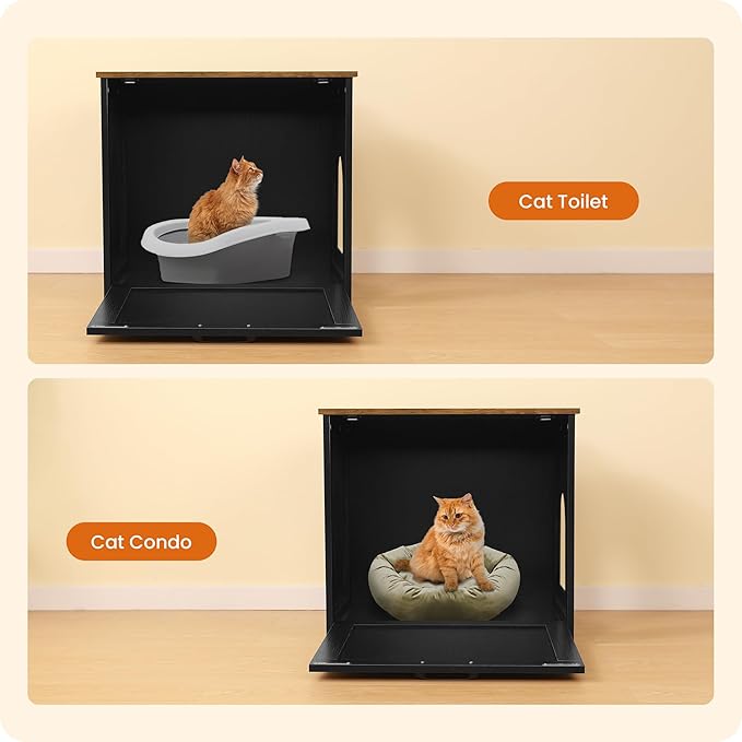 Dwanton Cat Litter Box Furniture Hidden, Cat Litter Box Enclosure, Reversible Entrance Can Be on Left or Right Side, Indoor Cabinet, Wooden Washroom, Nightstand, Black and Warm Brown, 23.6" L