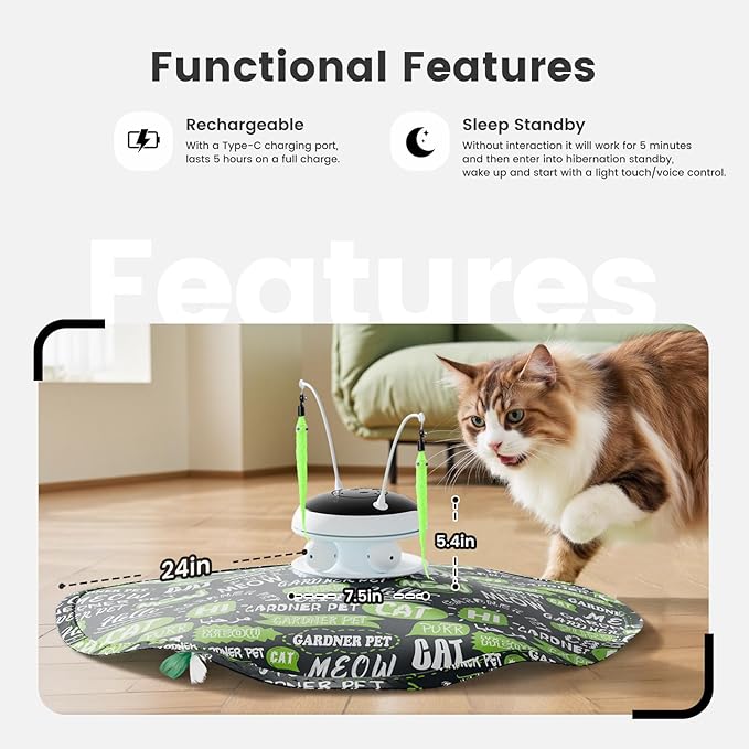 Gardner Pet Cat Laser Toys,USB Chargeable 5 in1 Hide and Seek Automatic Interactive Kitten Toy, Moving LED Red Dot&Ambush Feather Play, Track BallsExercise Toy for Indoor Cats 24 Inch Cover,Chirping