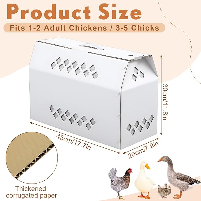6 Pack Single Live Chicken Shipping Box, 17.7"L x 7.8"W x 11.8"H Cardboard Live Bird Carrier Box with Ventilation Holes Handle, Thickened Corrugated Paper for Poultry, Pets, Animals(White)