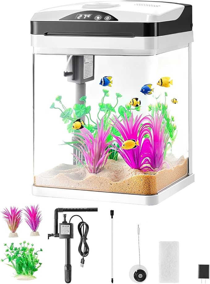 VEVOR Fish Tank Aquarium, 2 Gallon LED Square Ultra-Clear Glass Tank Temperature Monitoring Adjustable 7 Color Lighting, Self Cleaning System Fishbowl for Freshwater & Saltwater Fish Home,Office,Pet