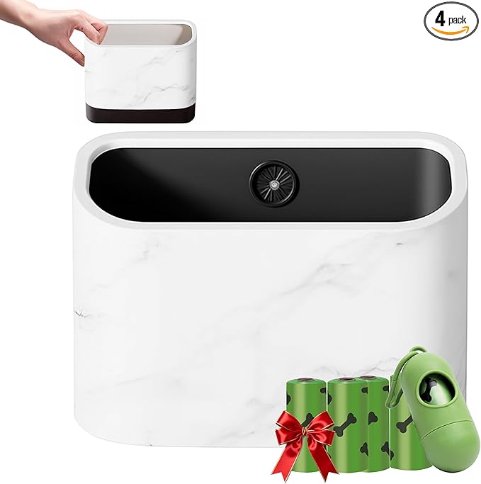 Cat Litter Scoop Holder – Universal Marble-Textured Scoop Caddy with Built-In Bag Dispenser & Wide-Mouth Bucket, Includes 4 Rolls Waste Bags & Removable Scoop Stand for Most Metal/Plastic Scoops
