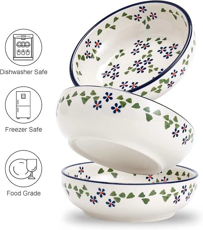 Ceramic Cat Bowls, Howise 5.3 in Cat Food Bowl, Cat Dishes for Food and Water, 3 Pack Shallow Pet Bowls for Indoor Cats, Floral Blue