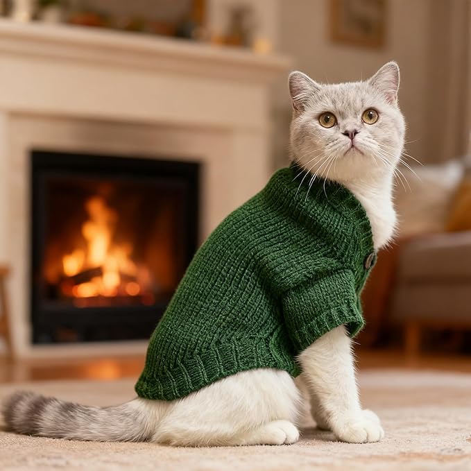EXPAWLORER Cat Sweater Cardigan - Stylish Knitted Cat Clothes, British Style Soft Puppy Sweater with Sleeve Warm Pet Clothing Knitwear, Fall and Winter Kitten Coat for Girl Boy Cats, Green Small