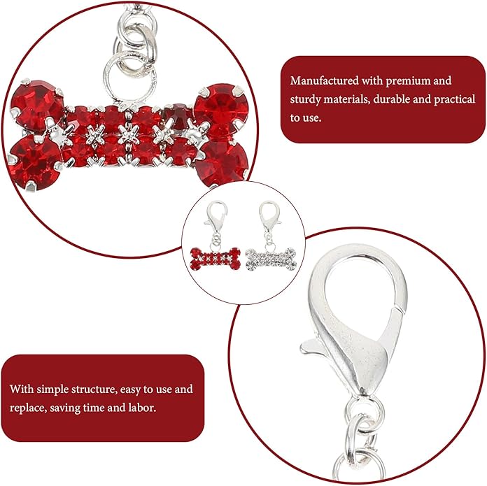2Pcs Rhinestone Bone Collar Hanging Pendants Shiny Dog and Cat Collar Charms for Dogs and Cats Red and White Colors