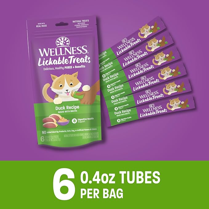 Wellness Lickable Treats Soft Puree Natural Grain Free Adult Cat Treats, Duck Recipe, Contains 6-0.4 Ounce Squeezable Tubes