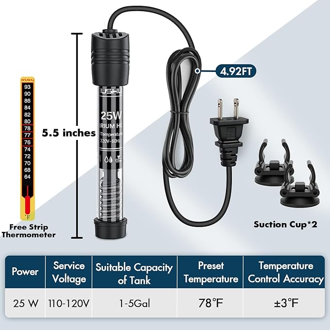 Orlushy 25W Small Submersible Aquarium Heater, Constant Temperature Betta Fish Tank Heater of 78℉ for 1-5 Gallons Freshwater & Saltwater Tanks