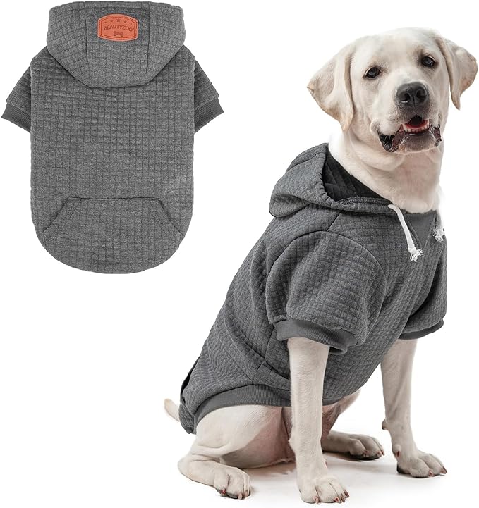 BEAUTYZOO Medium Dog Hoodie Sweater with Pockets, Dog Clothes for Small Medium Dogs Boy Girl, Waffle-Like Laminated Cotton Pet Coats with Hat and Leash Hole, Dark Grey XL
