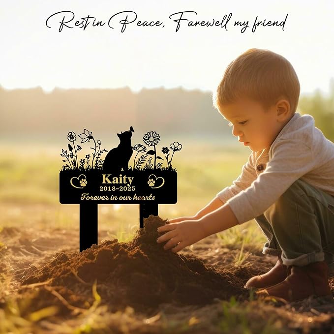 Custom Cat Grave Marker Outdoor | Personalized Pet Memorial Stone with Engraved Name & Lifespan Dates | Perfect Garden or Yard Tribute for Pet Loss | Durable Weatherproof Metal Material