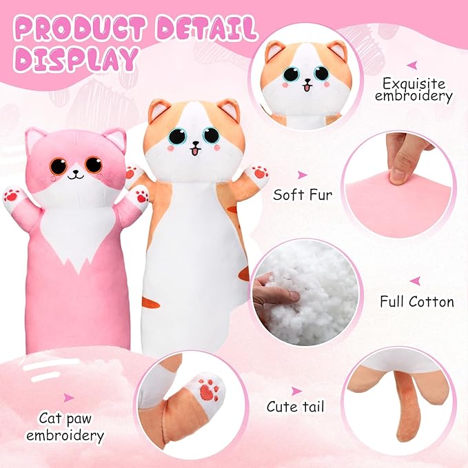 2 Pcs Large Kitty Shaped Pillows for Dogs and Cats Pet Plush Gifts Long Body Stuffed Animal Sleeping Pillows for Medium Large Sized(Minimalist,Orange,Pink)