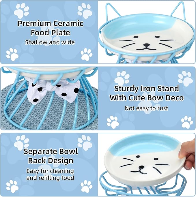 4 Pcs Elevated Pet Food Bowls, Ceramic Cat Plate with Stand Raised Cat Bowl for Indoor Pet, Food and Water Dishes Puppies, with Non-Slip Mat, Whisker Friendly, Dishwasher Safe