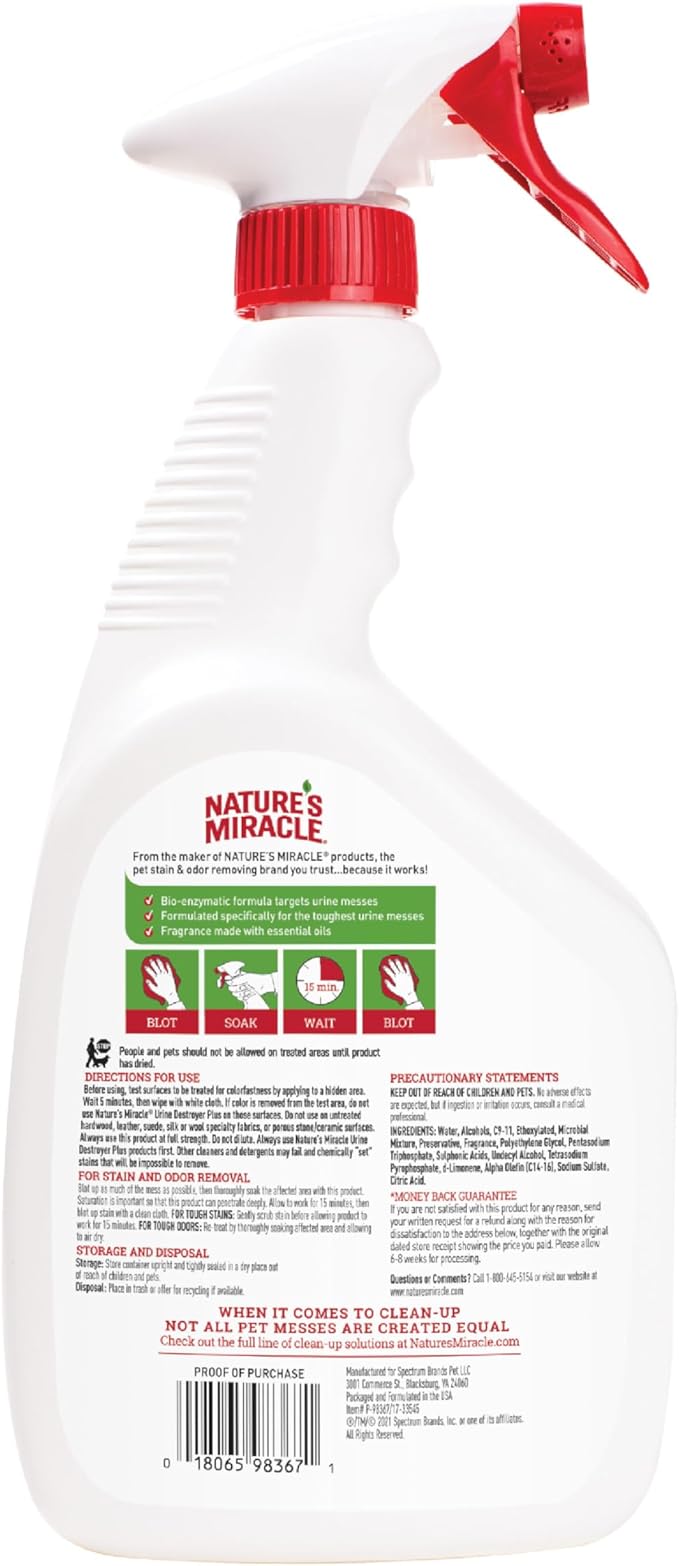 Nature’s Miracle Urine Destroyer Plus Cat, 32 Ounces,Unscented, Enzymatic Formula, Ready-to-Use