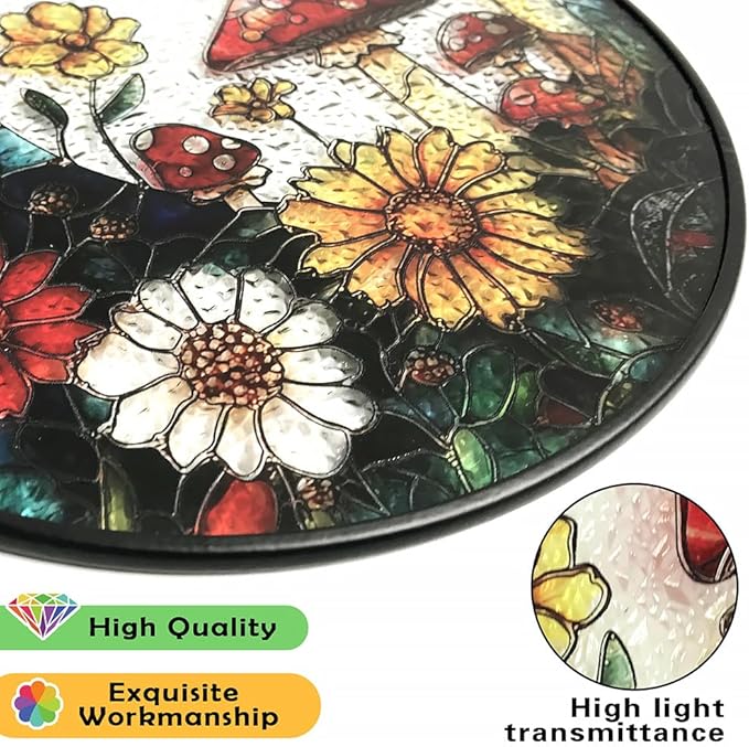 Crescent Moon Suncatcher with Colorful Mushrooms & Wildflowers - Stained Glass Window Hanging Decor for Indoor Windows, Unique Gift for Plant Lovers, Housewarming, Birthday, or New Home Celebration